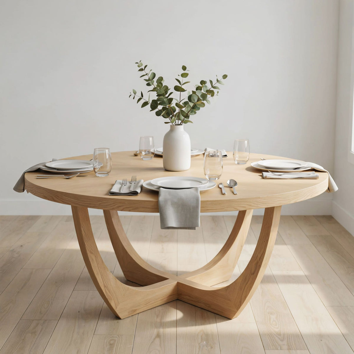 Modern sculptural dining table crafted from premium solid wood with a round silhouette