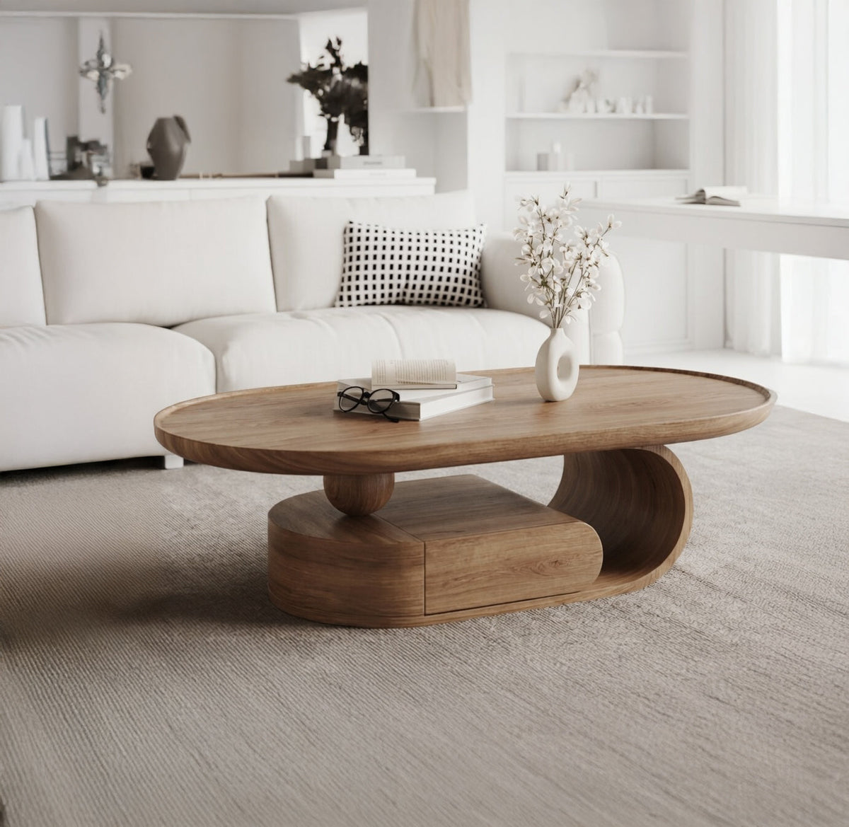 Sculptural wooden coffee table with handcrafted curved design
