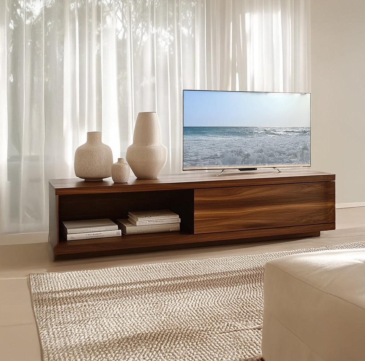 Contemporary wooden TV console with storage compartments