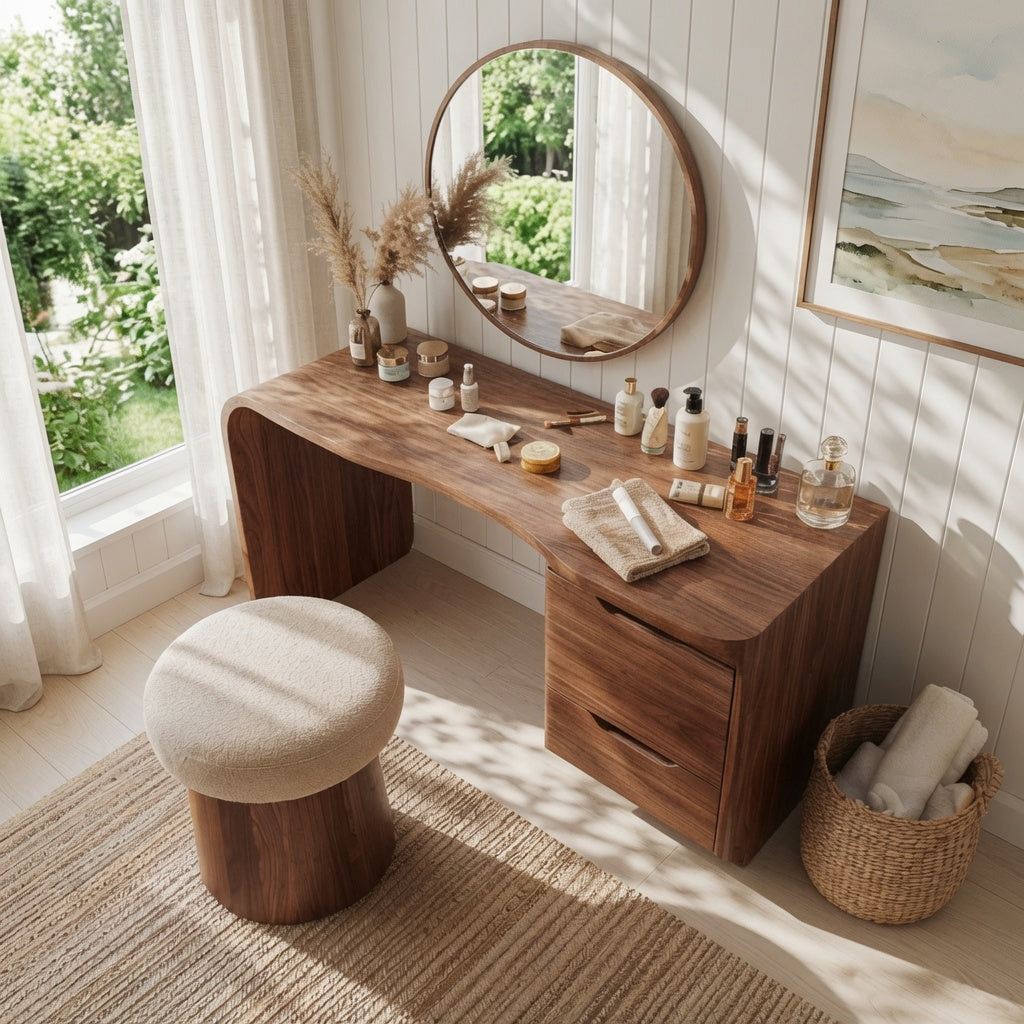 Modern solid wood vanity table in a contemporary bedroom
