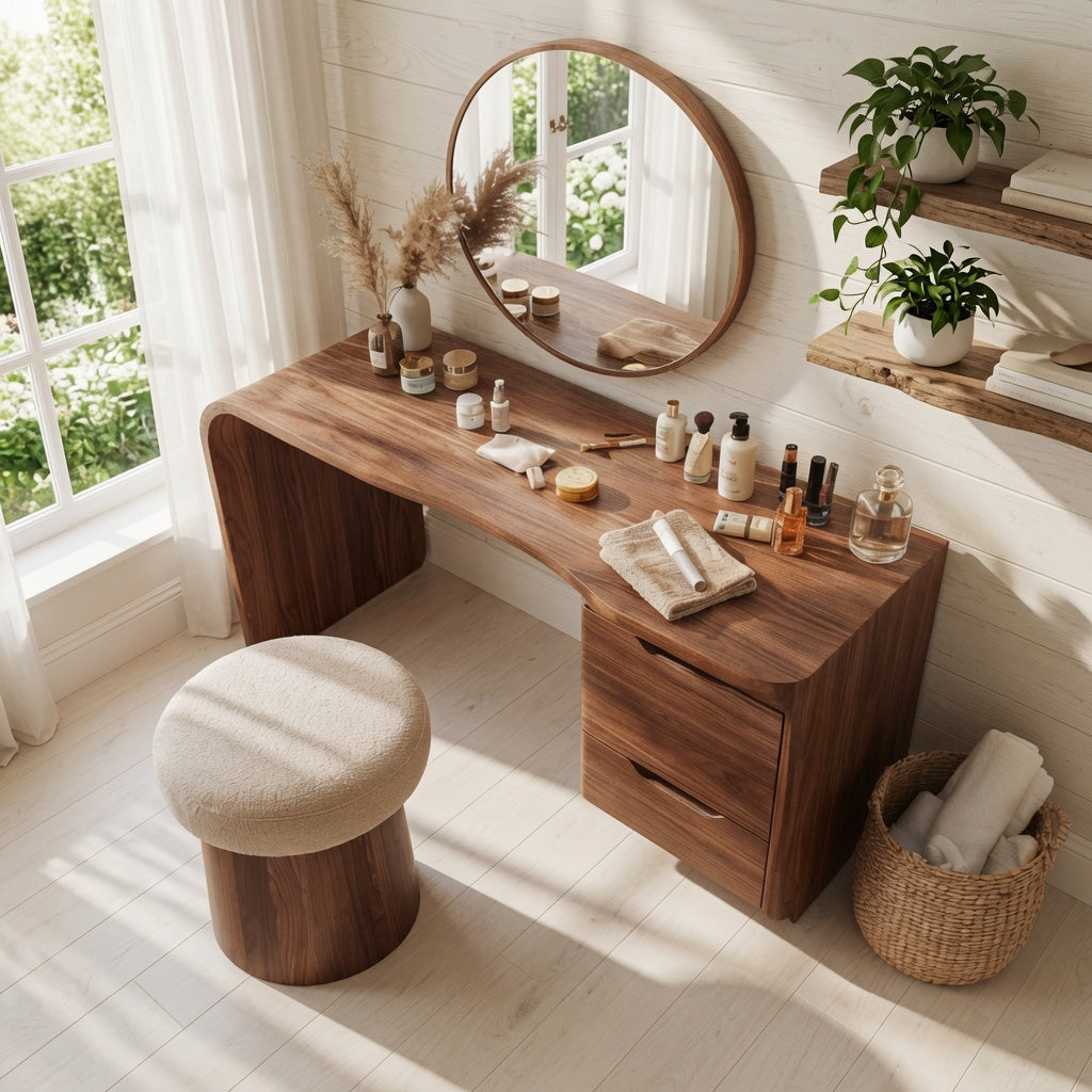 Minimalist walnut makeup vanity table for a cozy bedroom