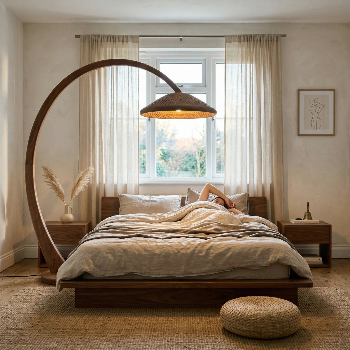 Handcrafted mushroom arc floor lamp with wide parasol shade over solid wood bed in cozy bedroom