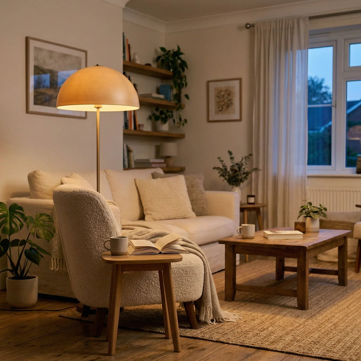 Mushroom arc floor lamp with wide parasol shade and curved wood stem in cozy bedroom setting