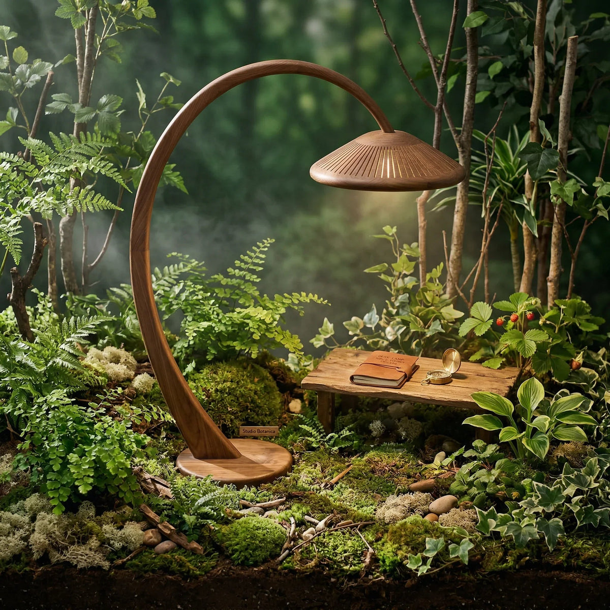 Handcrafted mushroom arc floor lamp with wide wood parasol shade in a lush forest setting