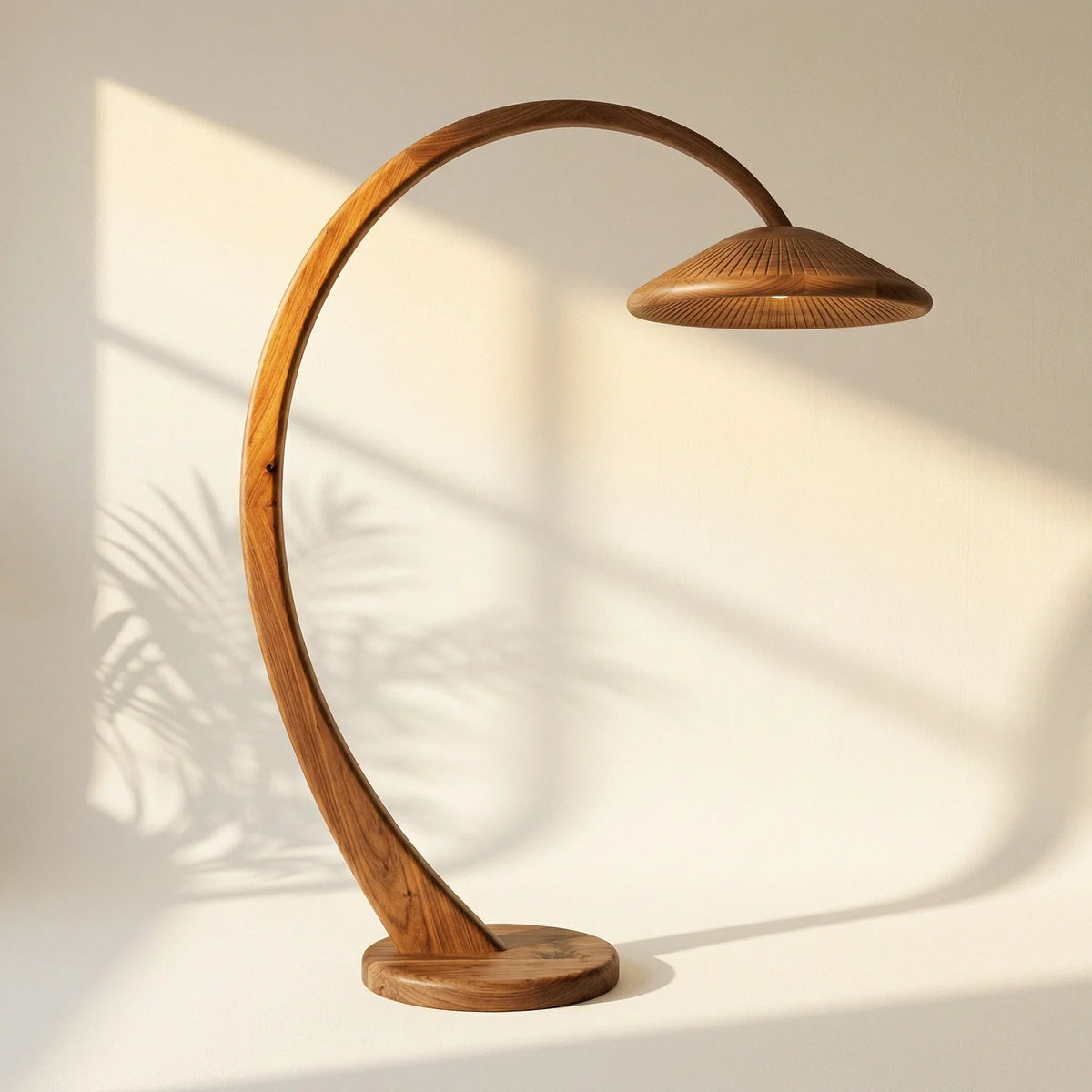 Handcrafted solid wood arc floor lamp with wide parasol shade in a minimalist room