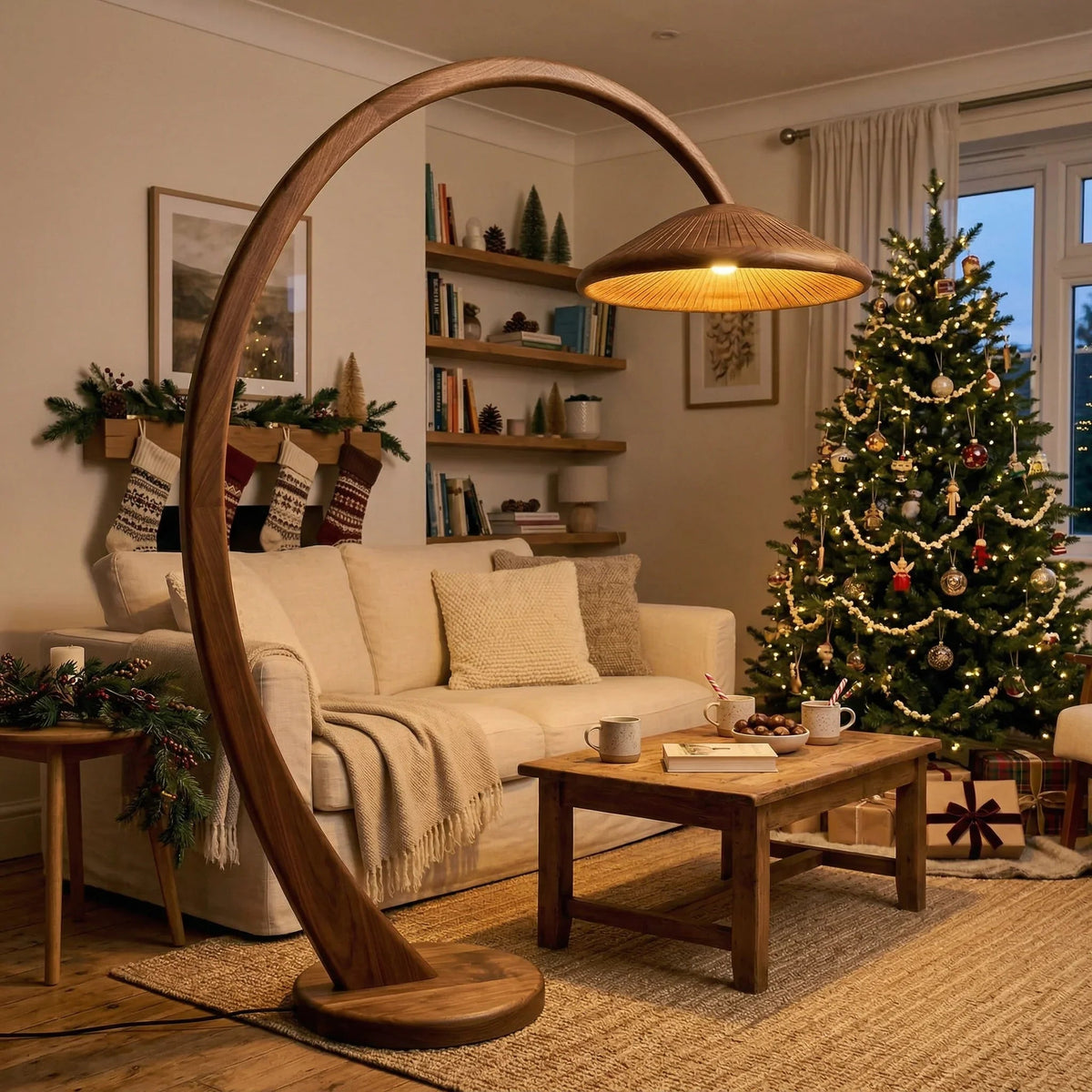 Handcrafted mushroom arc floor lamp with wood stem and wide slat shade in cozy living room