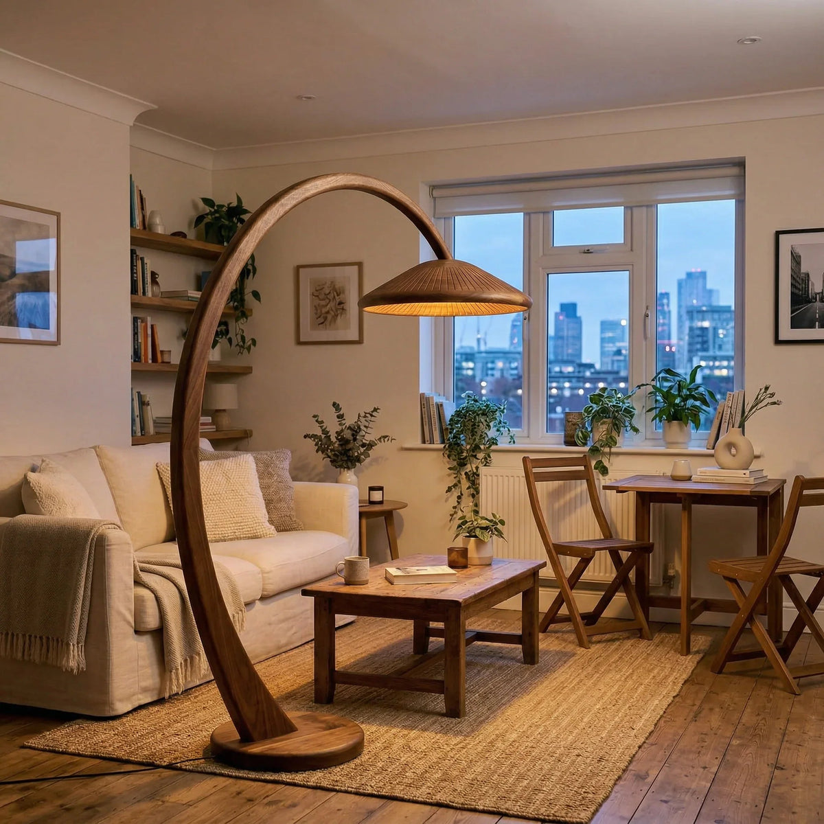 Handcrafted solid wood arc floor lamp with wide parasol shade in cozy living room setting