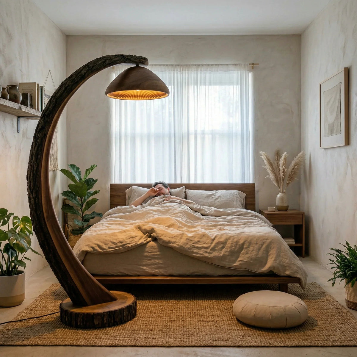 Curved log stem arc floor lamp with wooden mushroom shade in a cozy, natural bedroom.
