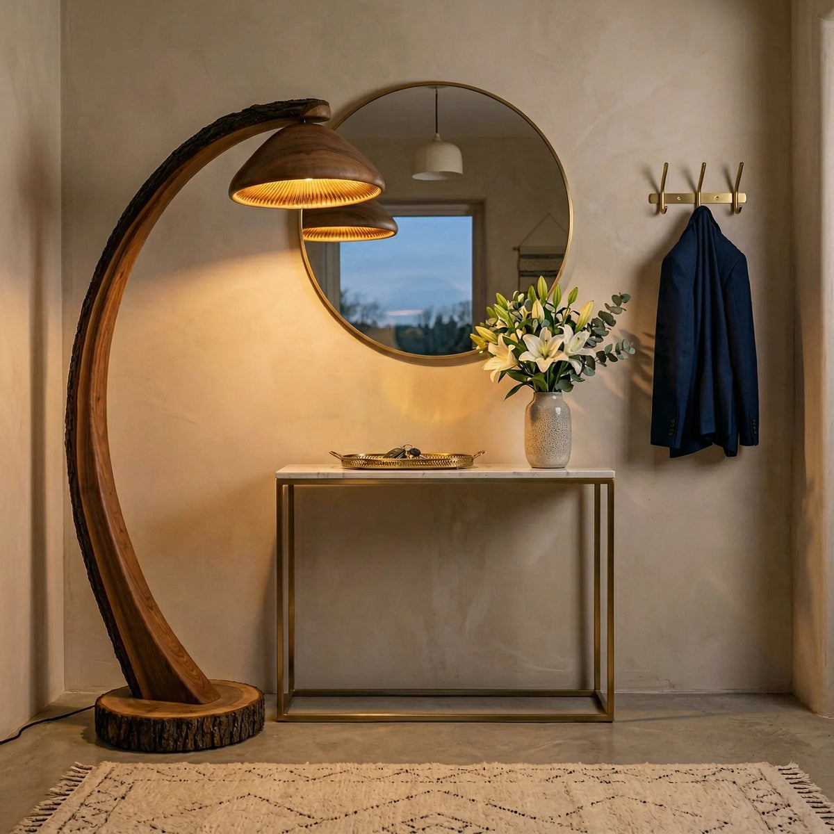 Mushroom arc floor lamp with bark-on log stem and wooden shade beside modern console table