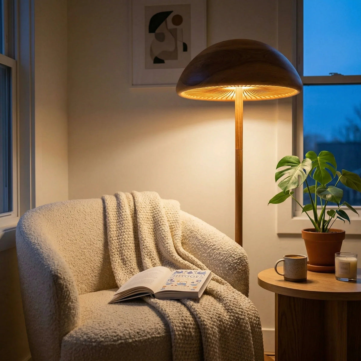 Handcrafted mushroom arc floor lamp with slatted wood dome shade in cozy reading nook
