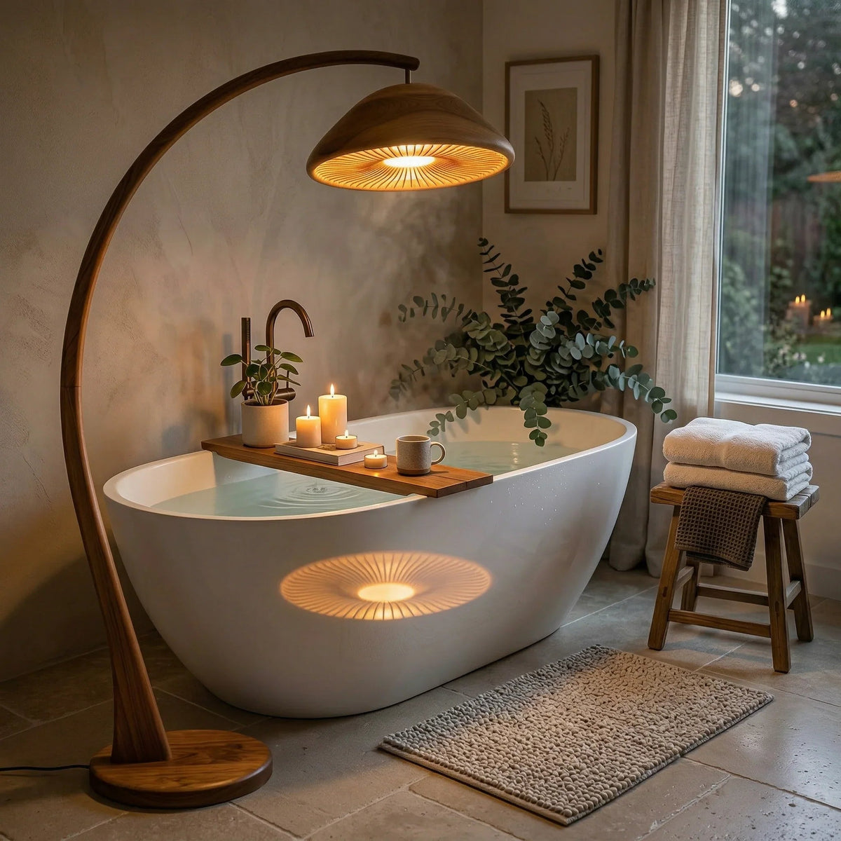 Mushroom arc floor lamp with wooden stem and slatted dome shade beside a modern bathtub