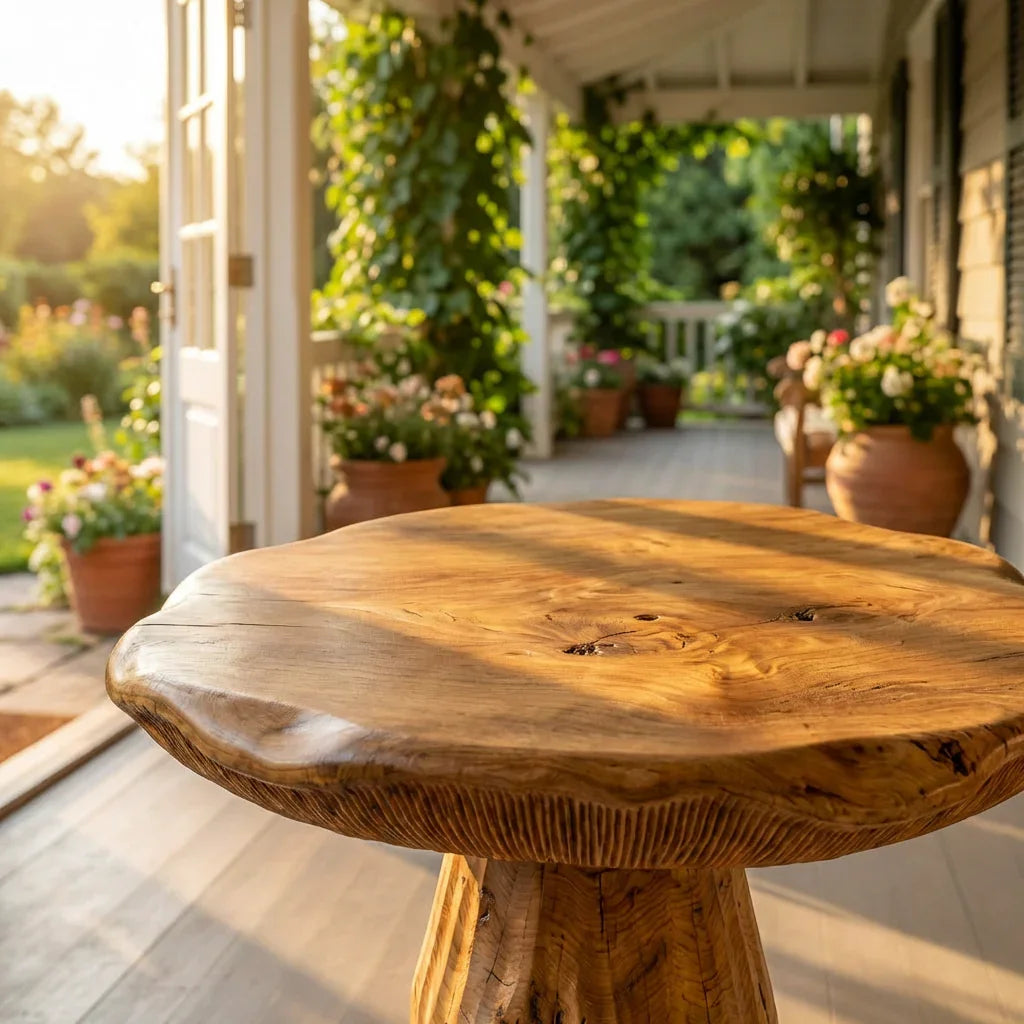 Live edge solid wood mushroom coffee side table on sunlit porch with potted plants