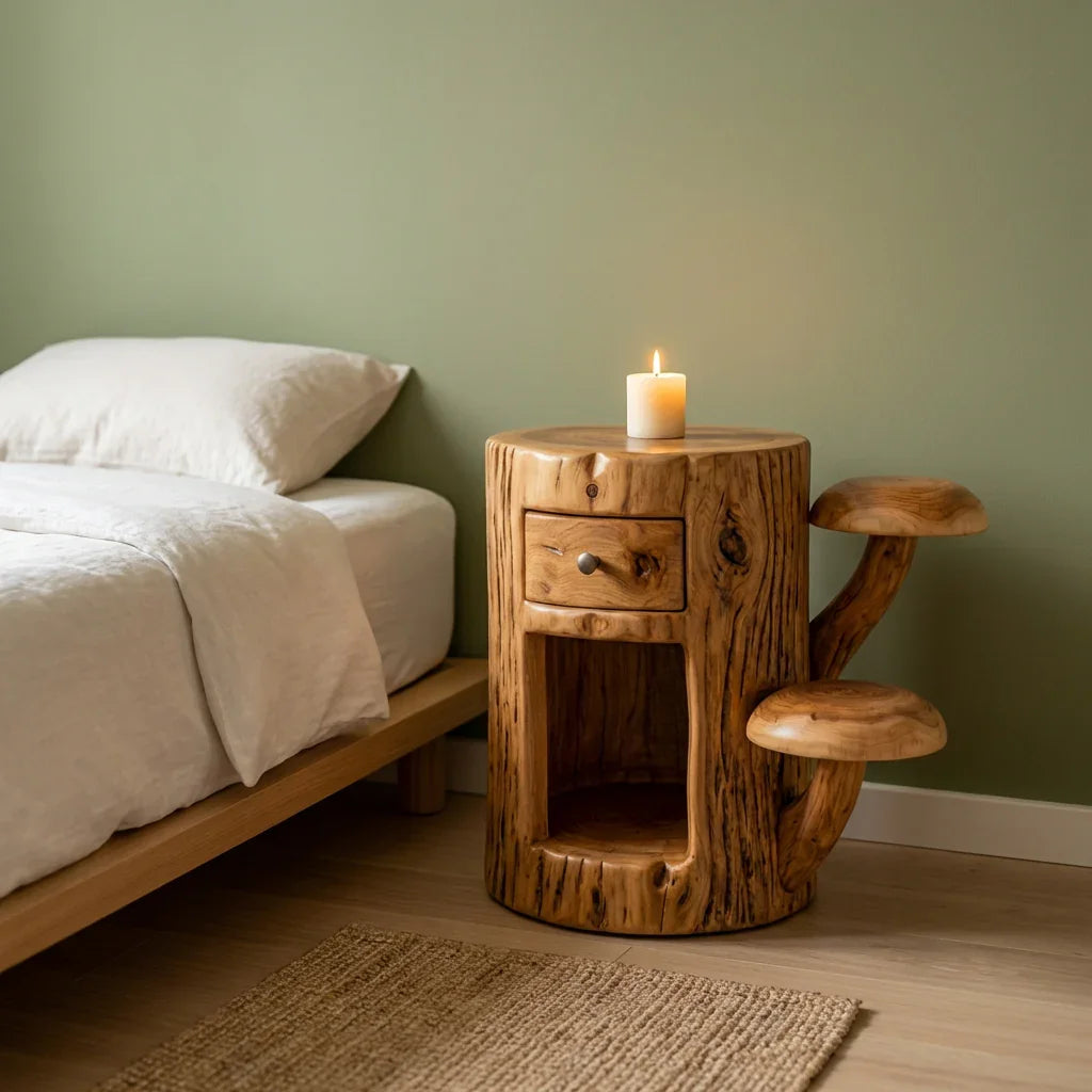 Mushroom Nightstand With Drawer and Open Shelf Solid Wood Bedside Table - Ashdeco 2026