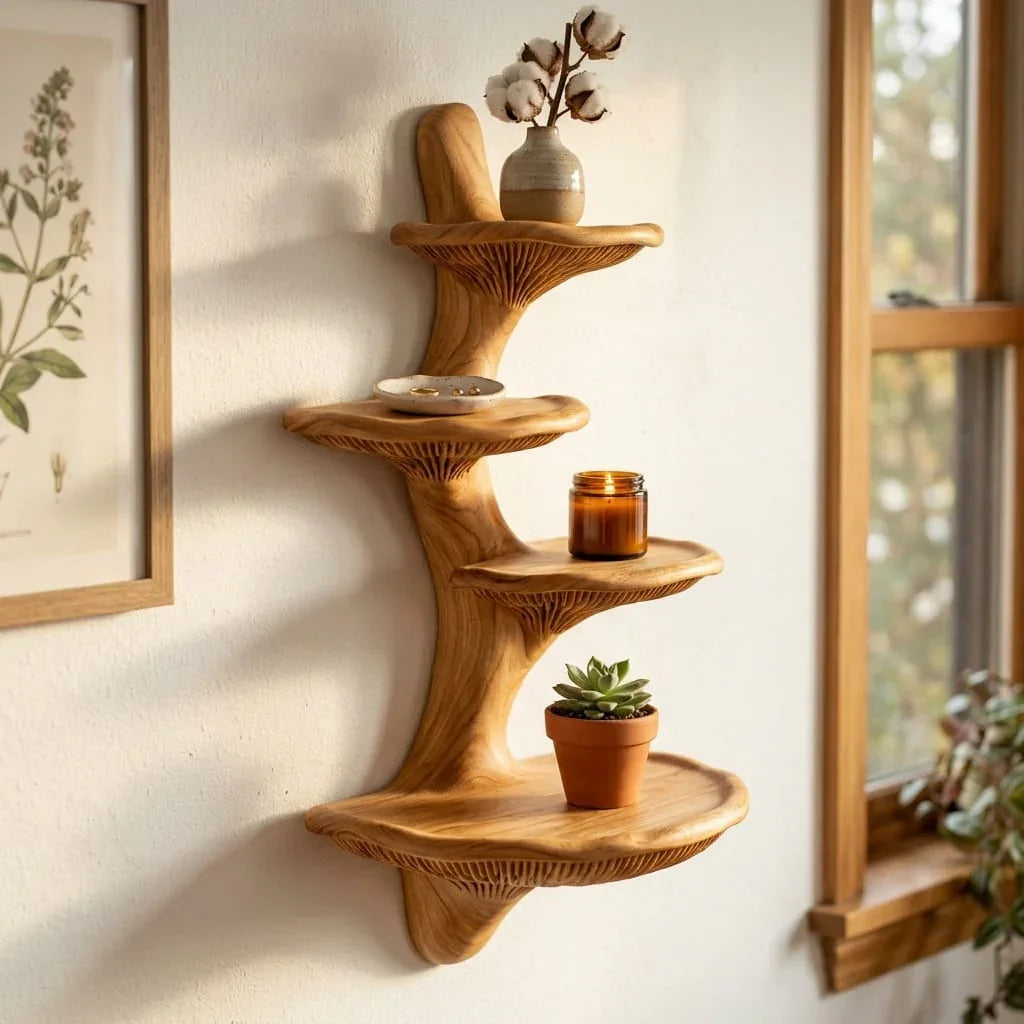 Cascading Mushroom Cap Wall Shelf - Handcrafted Solid Wood Floating Shelf - Ashdeco 2026