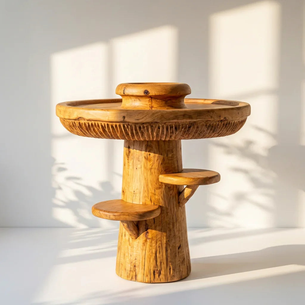 Mushroom Tray Table with Raised Rim, Gill Band and 2 Side Cap Shelves, Handcrafted Solid Wood Round Accent Table for Living Room, Bedroom, Entryway - Ashdeco 2026