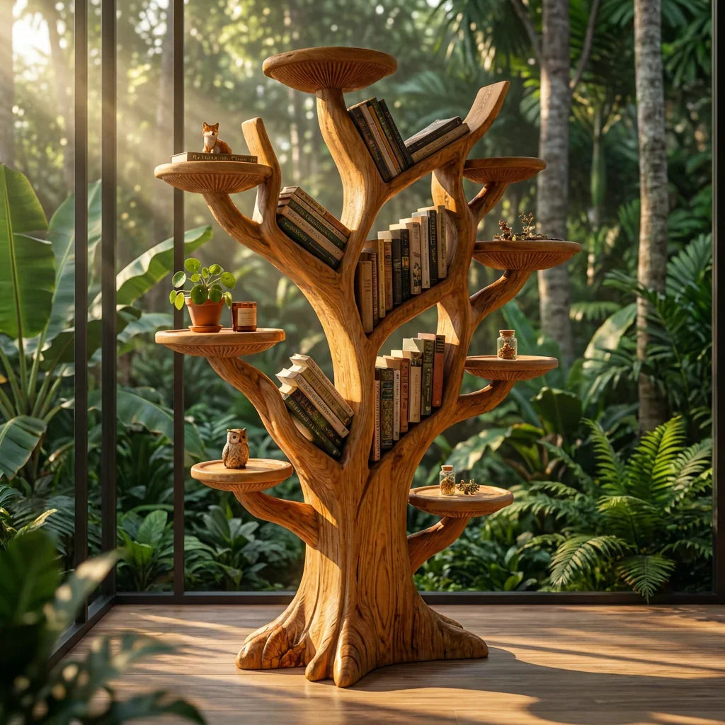 Mushroom Tree Bookshelf Freestanding with Branch Shelves and Mushroom Cap Platforms, Handcrafted Solid Wood Floor Bookcase for Living Room, Office, Library, Nursery - Ashdeco 2026