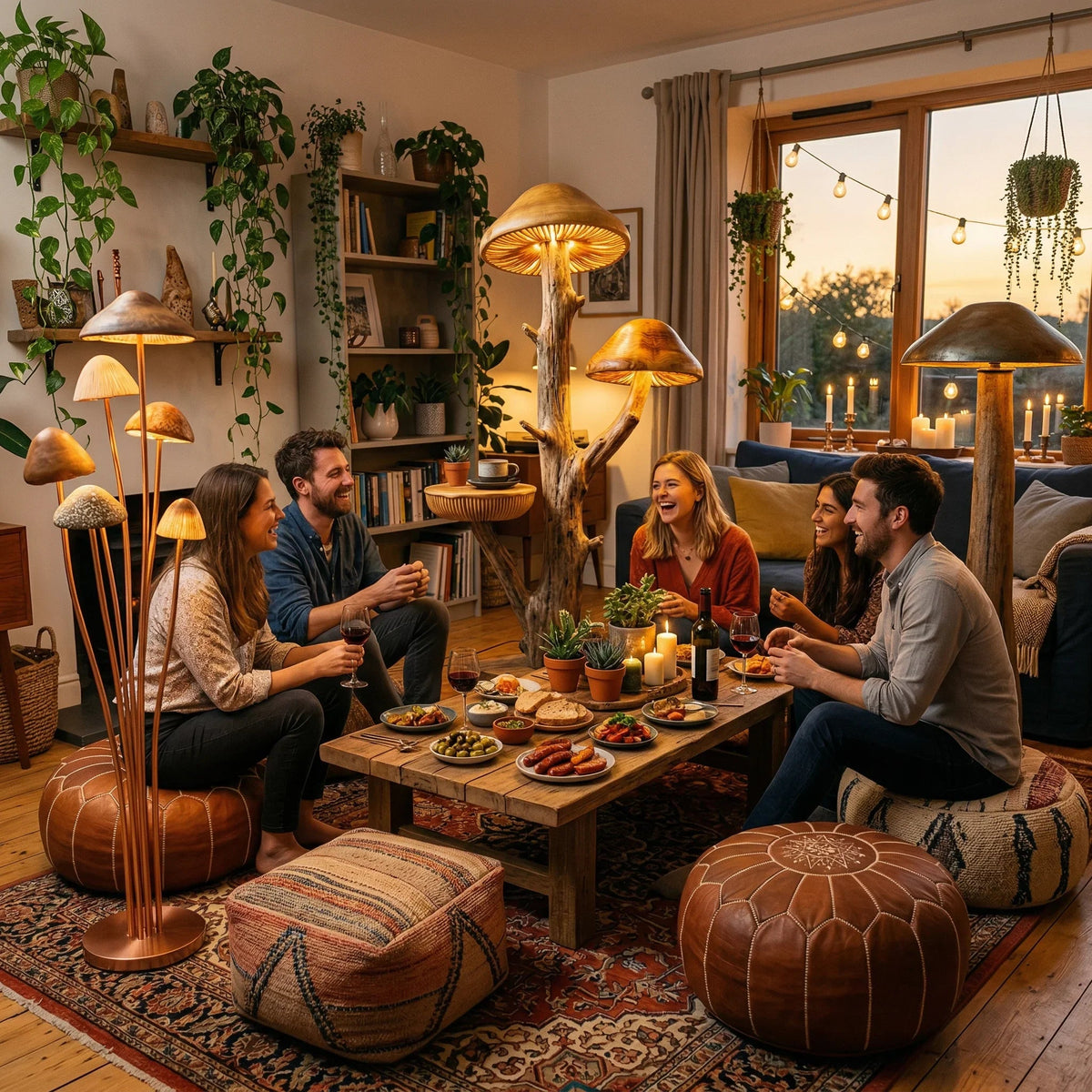 Mushroom-inspired tree floor lamp with side table and carved glowing caps in a cozy living room.