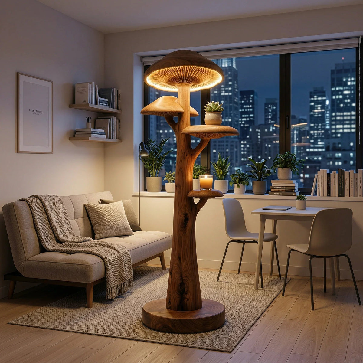 Mushroom tree floor lamp with glowing cap and built-in wood shelves in modern living room