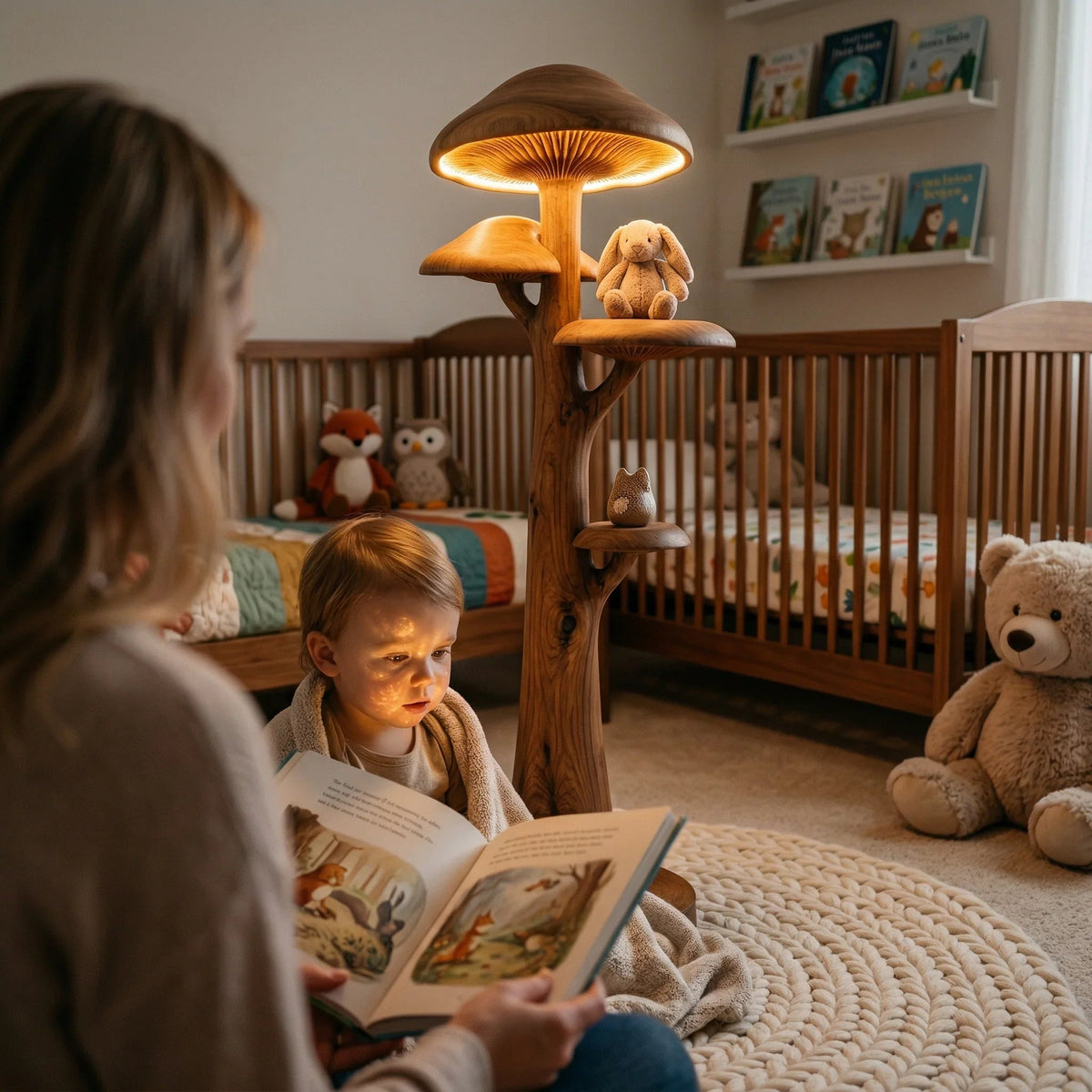 Mushroom tree floor lamp with glowing cap and wooden shelves, used in cozy nursery setting