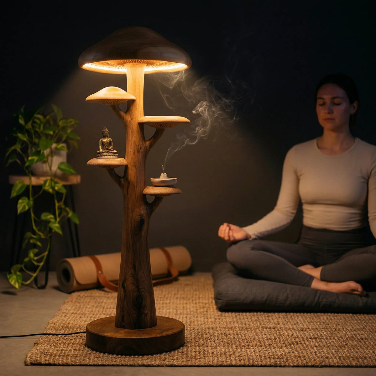 Mushroom tree floor lamp with illuminated cap and solid wood trunk, featuring built-in shelves, placed in a serene yoga setting.