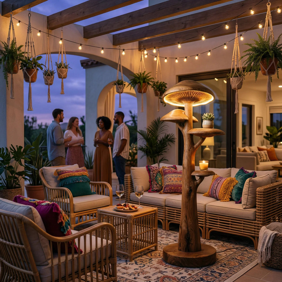Mushroom-shaped wood floor lamp with glowing cap and built-in shelves on patio at sunset.