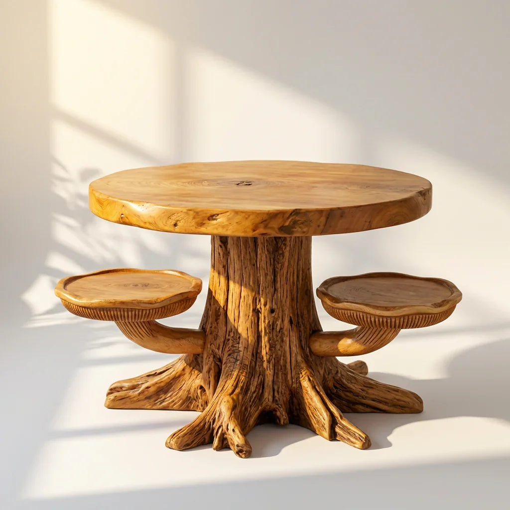 Mushroom Tree Stump Coffee Table with 2 Cap Shelves, Root Base and Gill Carving, Handcrafted Two-Tone Solid Wood Round Table for Living Room - Ashdeco 2026
