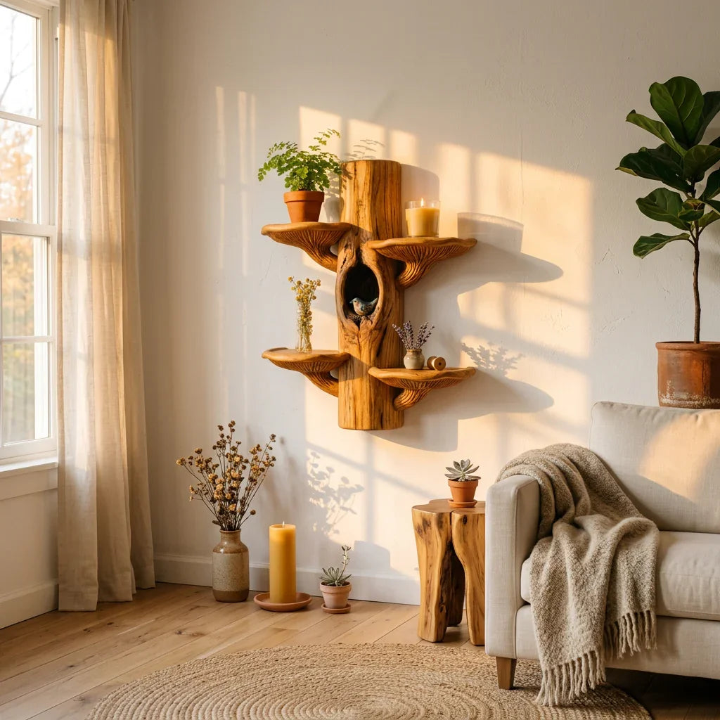 Mushroom Tree Wall Shelf with Paired Fan Shelves - Handcrafted Solid Wood Symmetrical Display Shelf for Living Room, Bedroom, Entryway - Ashdeco 2026