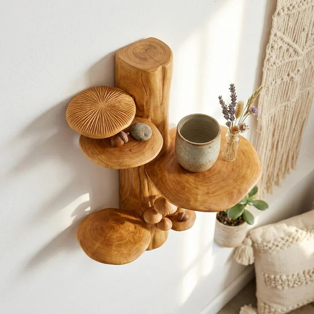 Mushroom Colony Tree Trunk Wall Shelf with 4 Bracket Cap Shelves and Carved Miniature Mushroom Cluster - Handcrafted Solid Wood Sculptural Floating Shelf with Decorative Forest Detail - Ashdeco 2026