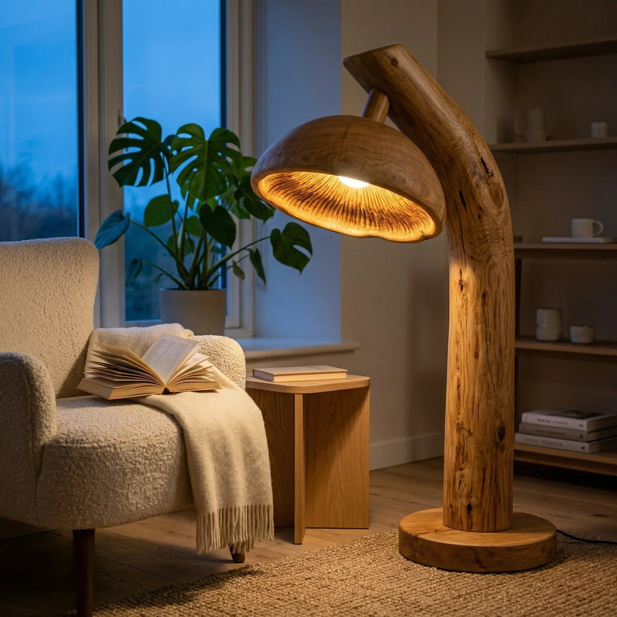 Natural wood mushroom floor lamp with glowing gill shade in cozy living room corner
