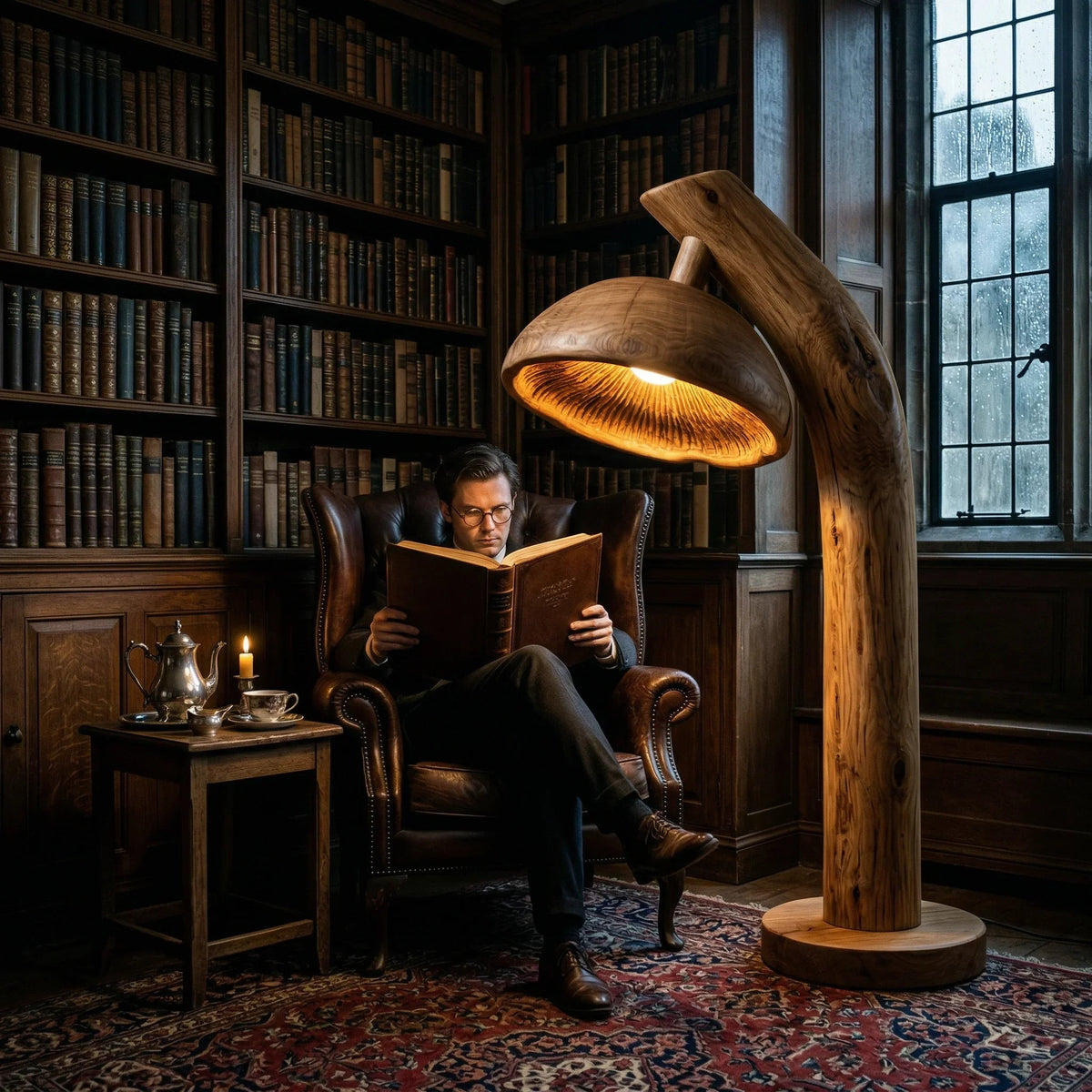 Natural mushroom-inspired floor lamp with glowing gill detail, solid wood stem and chunky base