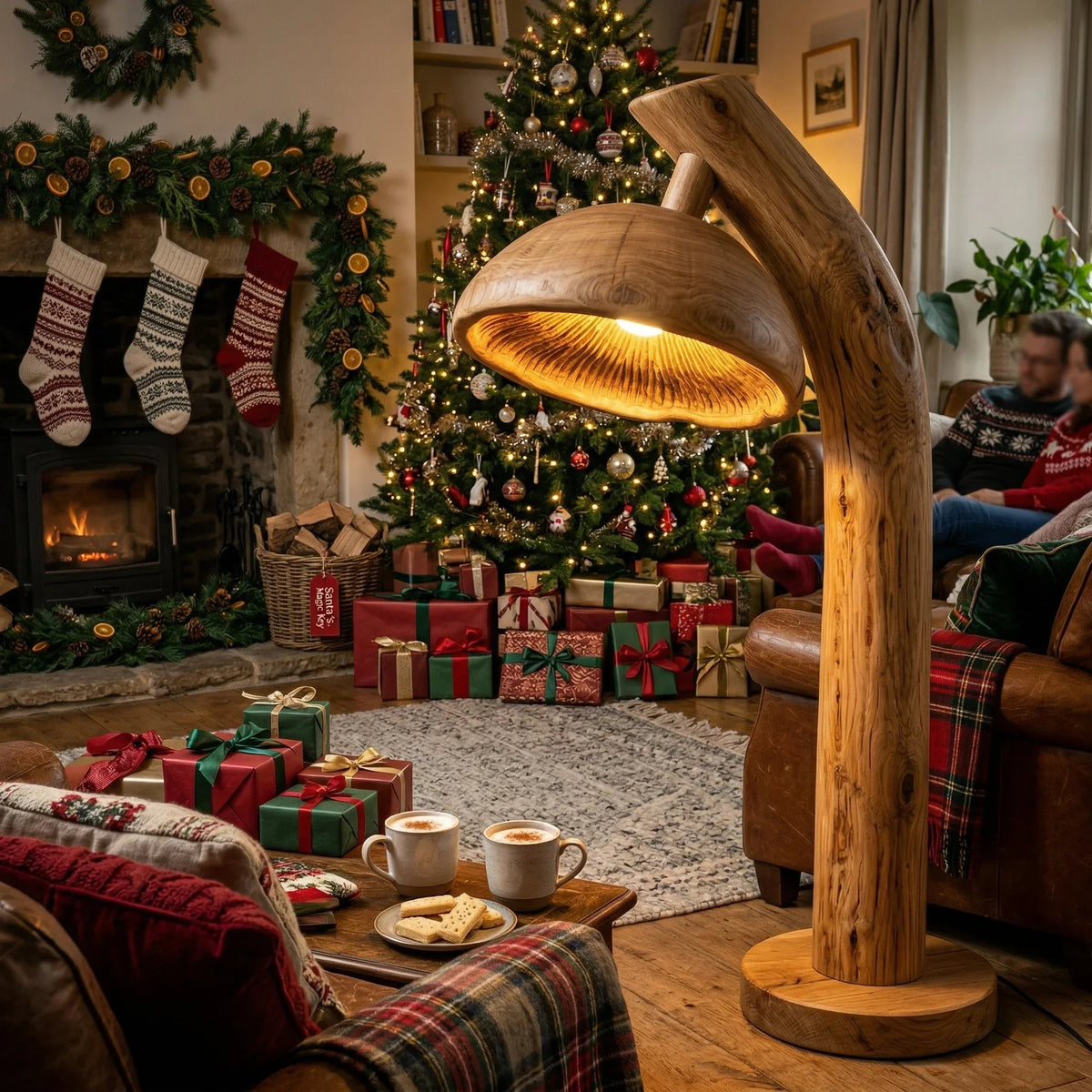 Natural wood mushroom floor lamp with sculpted log stem and glowing gill detail in cozy holiday living room