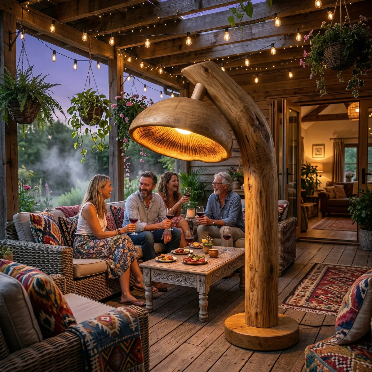 Natural wood mushroom floor lamp with glowing gill detail on patio, people socializing outdoors