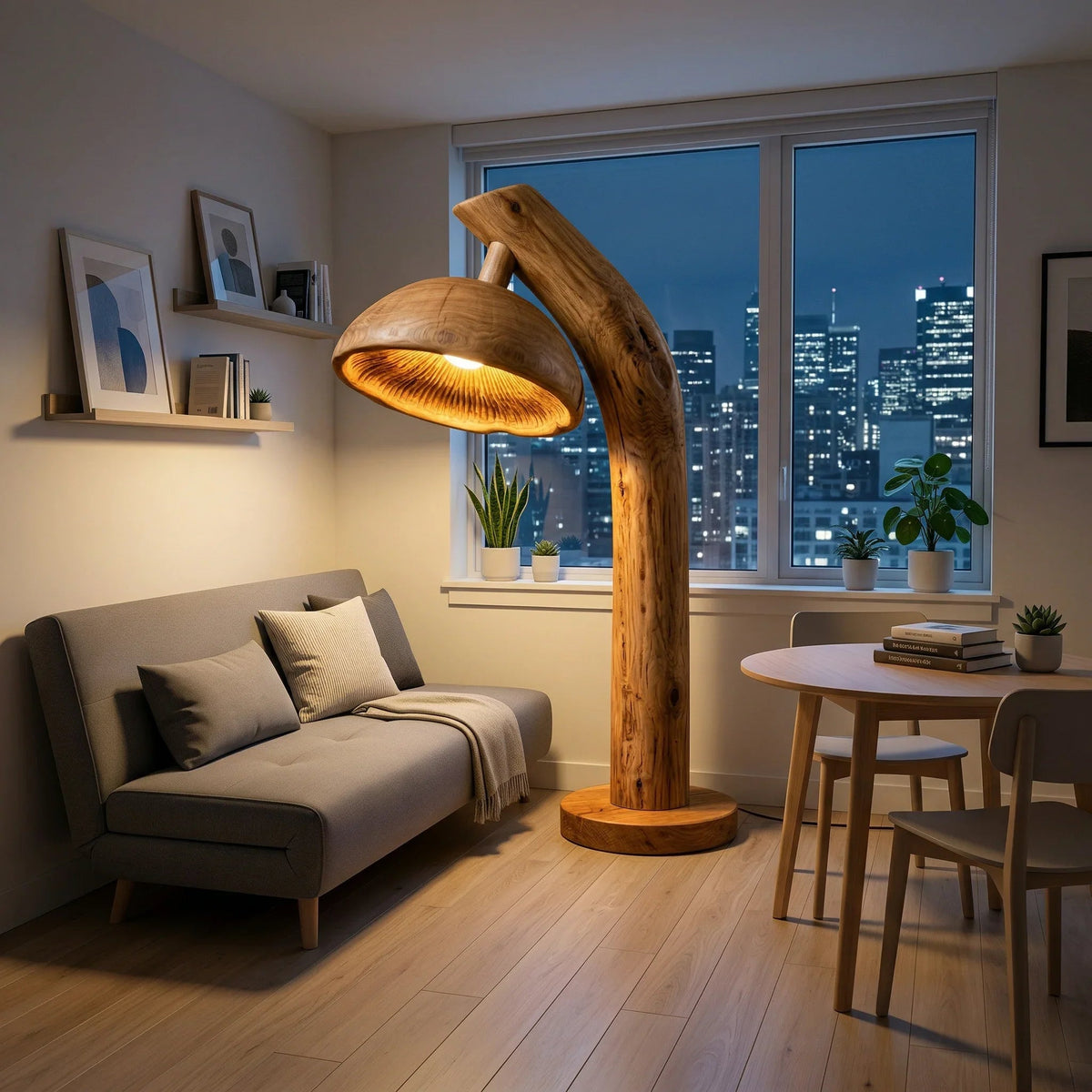 Natural wood mushroom floor lamp with glowing deep gill shade in modern living room