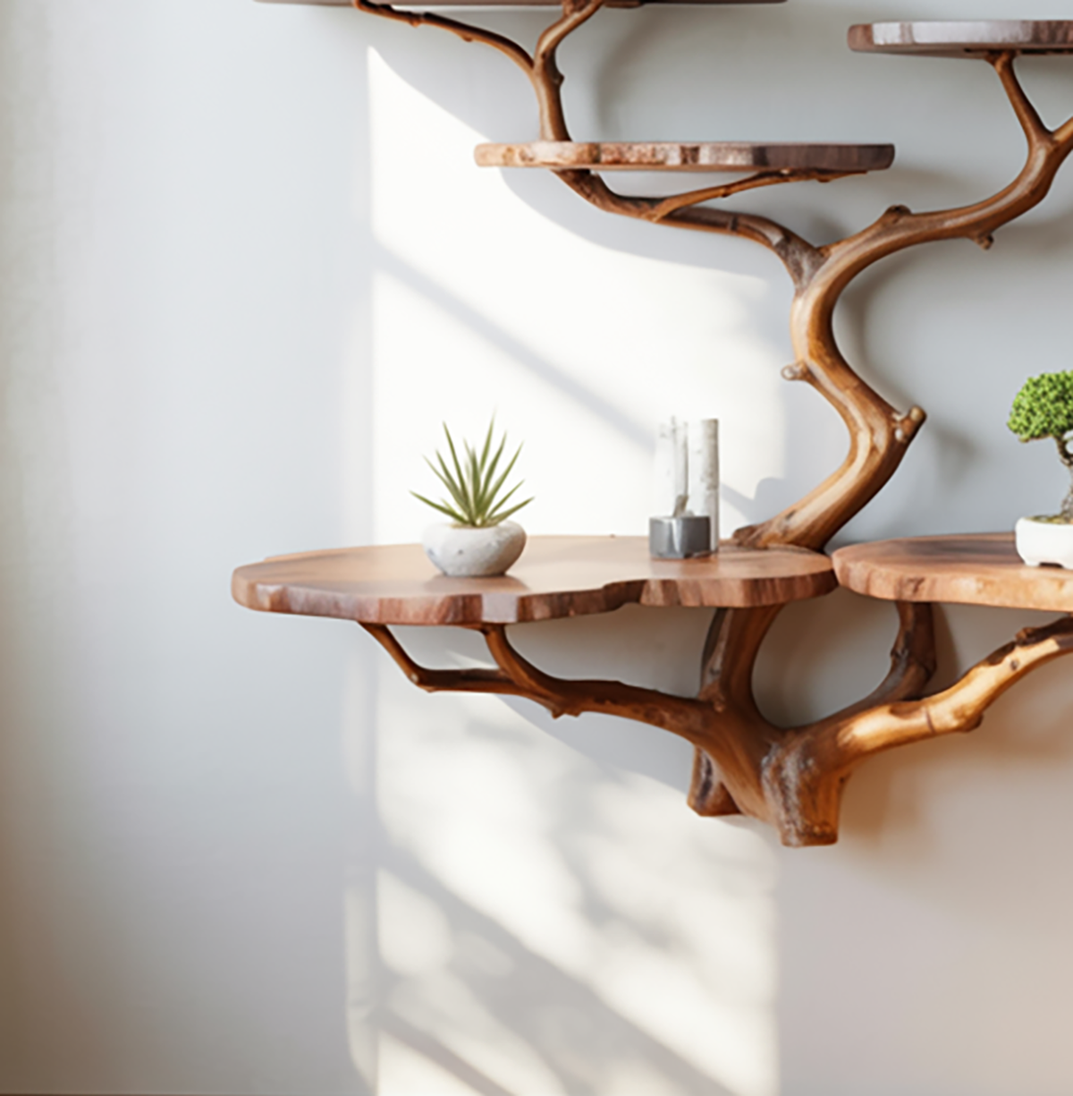 Floating tree bookshelf with live edge wooden slices holding small green bonsai plants