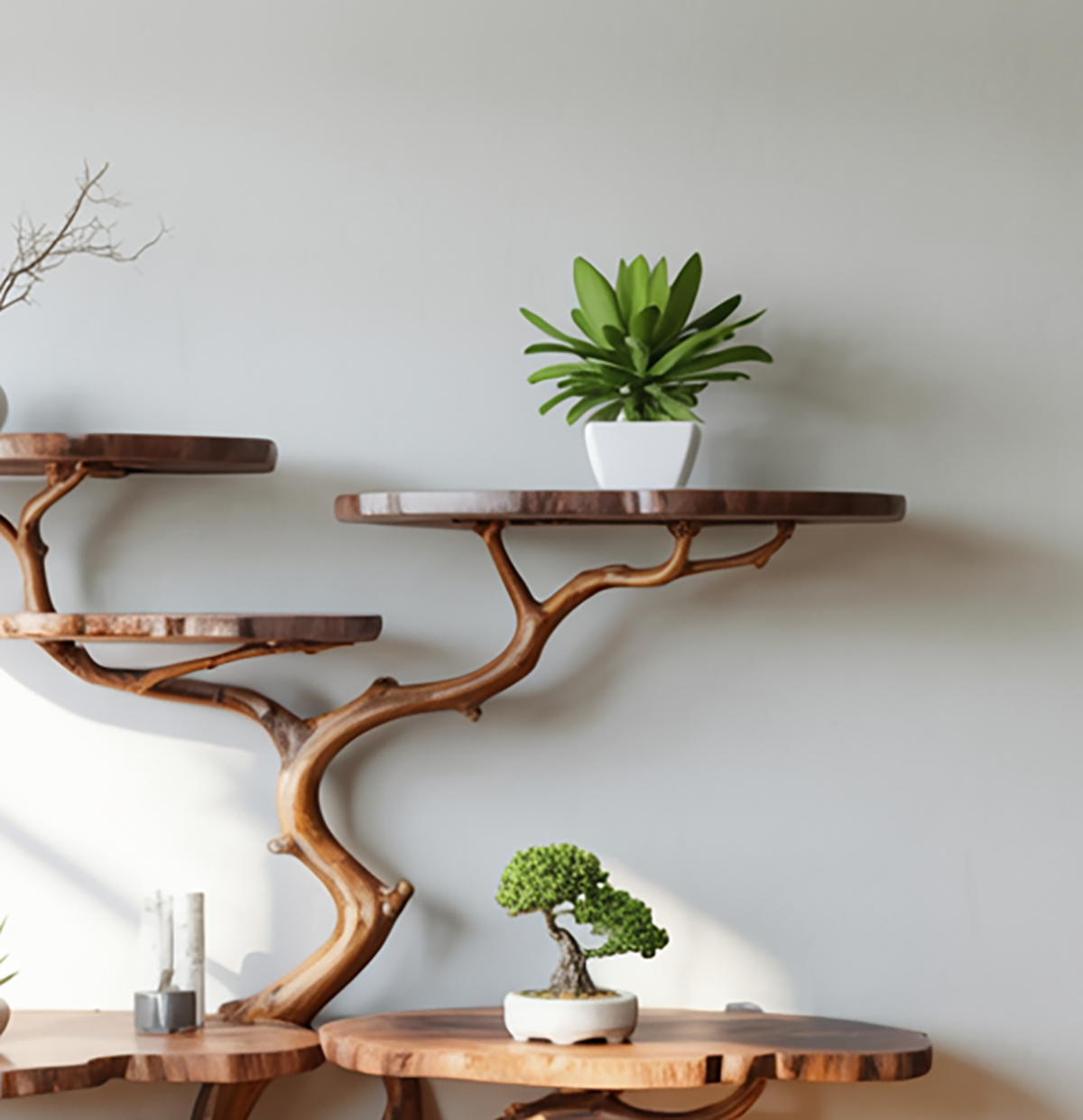 Tree branch shelf unique wall mount design displaying beautiful green bonsai and vases