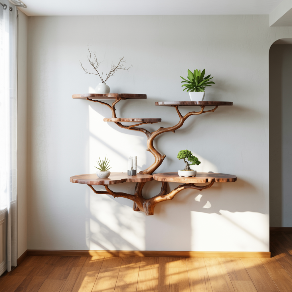 Floating tree branch wall shelf decorated with potted plants under warm morning sunlight