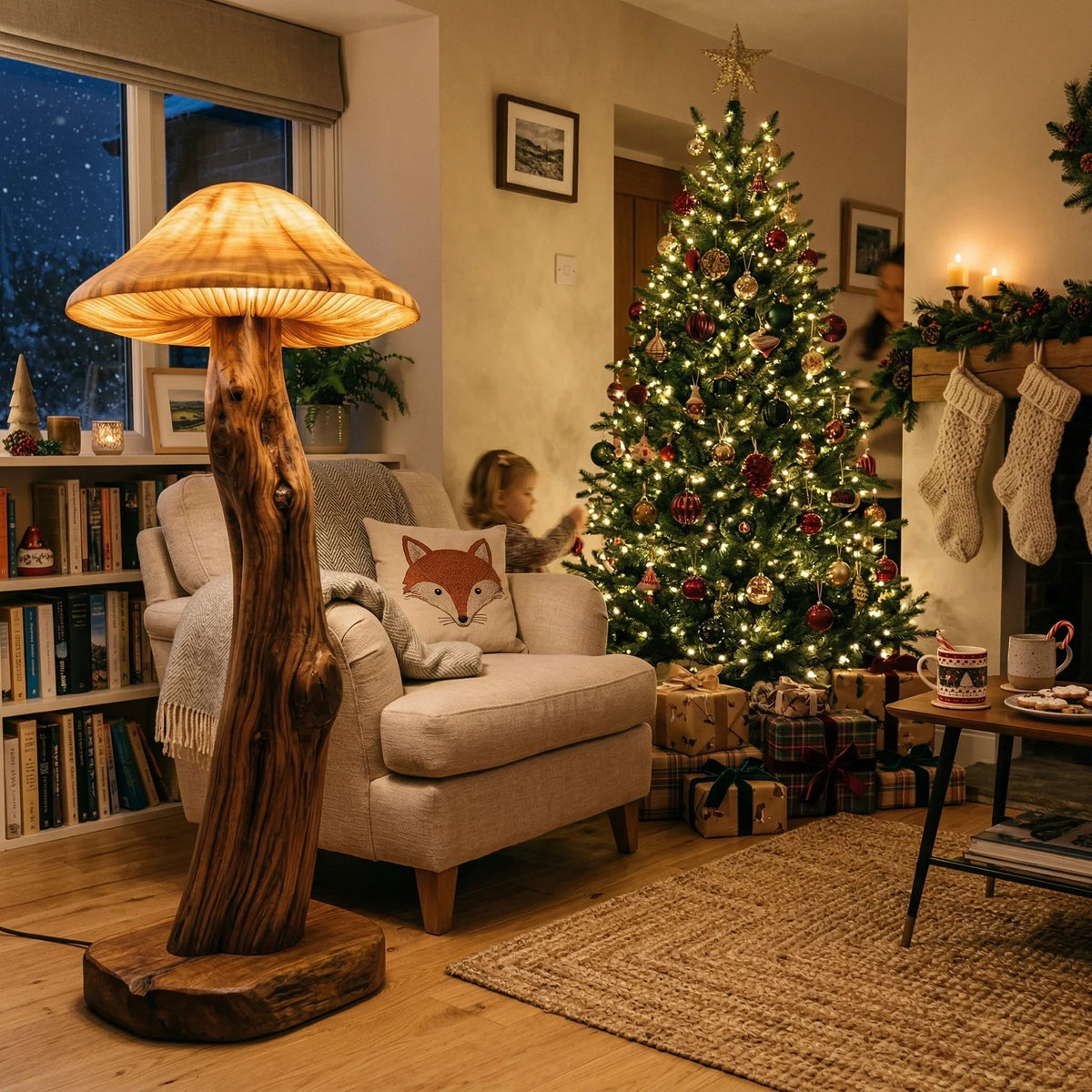 Mushroom-shaped floor lamp with sculpted log stem beside armchair in cozy holiday living room