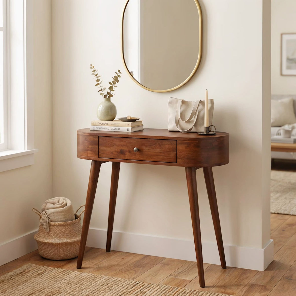 Organic curved console table crafted from premium solid wood with a storage drawer