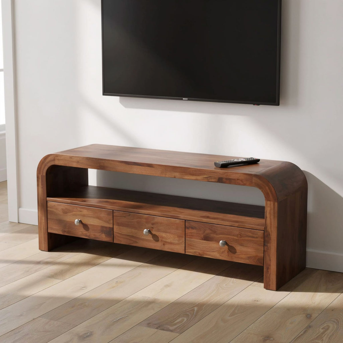 Organic curved TV stand crafted from premium solid wood with drawers