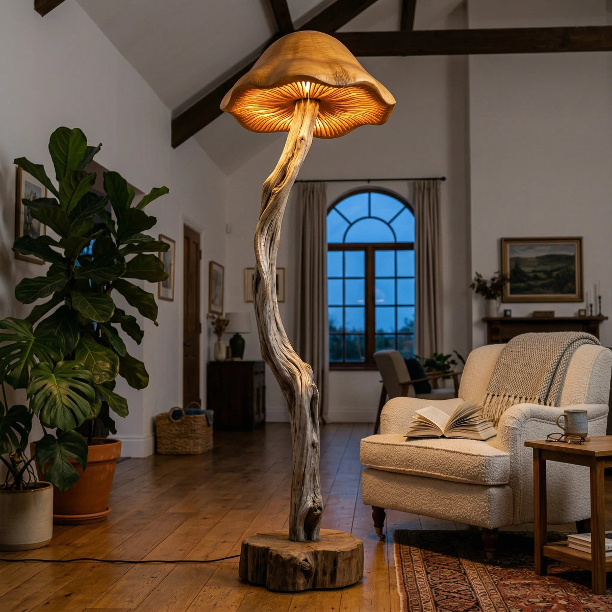 Organic driftwood mushroom floor lamp with hand-carved wood base in cozy living room