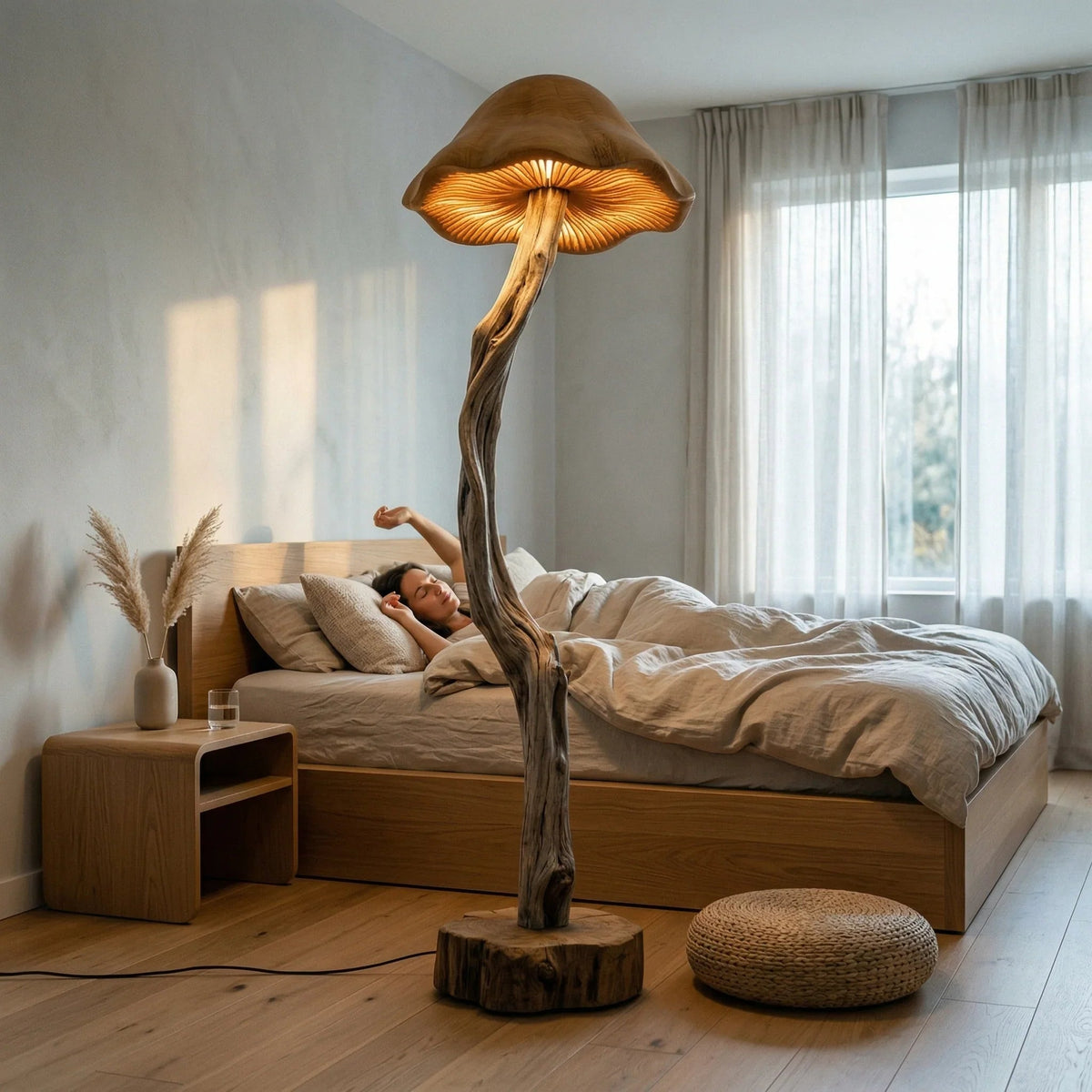 Organic driftwood mushroom floor lamp with hand-carved bell shade in cozy bedroom