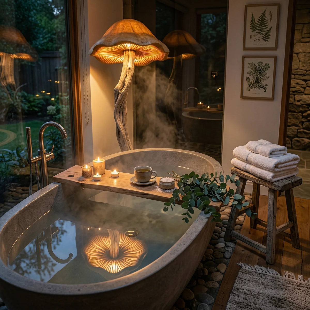 Organic driftwood mushroom floor lamp beside a modern bathtub in a cozy, spa-like bathroom.