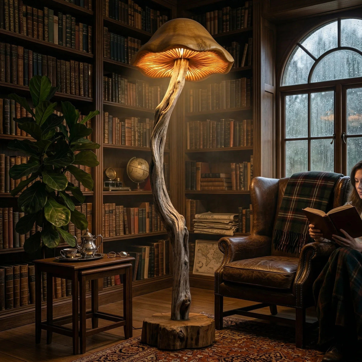 Organic driftwood mushroom floor lamp with hand-carved gill detail in cozy library
