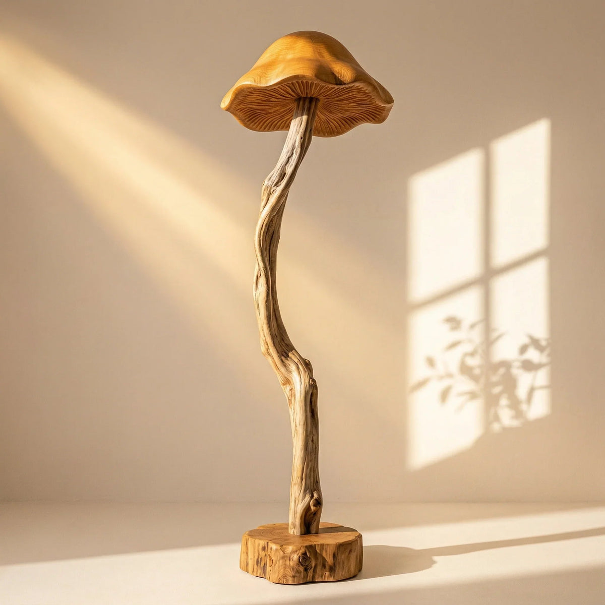 Organic driftwood mushroom floor lamp with hand-carved wood base and bell-shaped shade