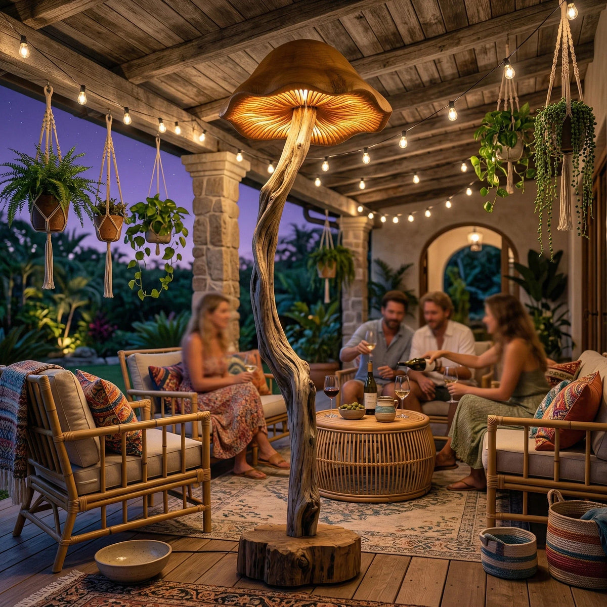 Organic driftwood mushroom floor lamp with bell-shaped hand-carved cap in cozy outdoor patio setting