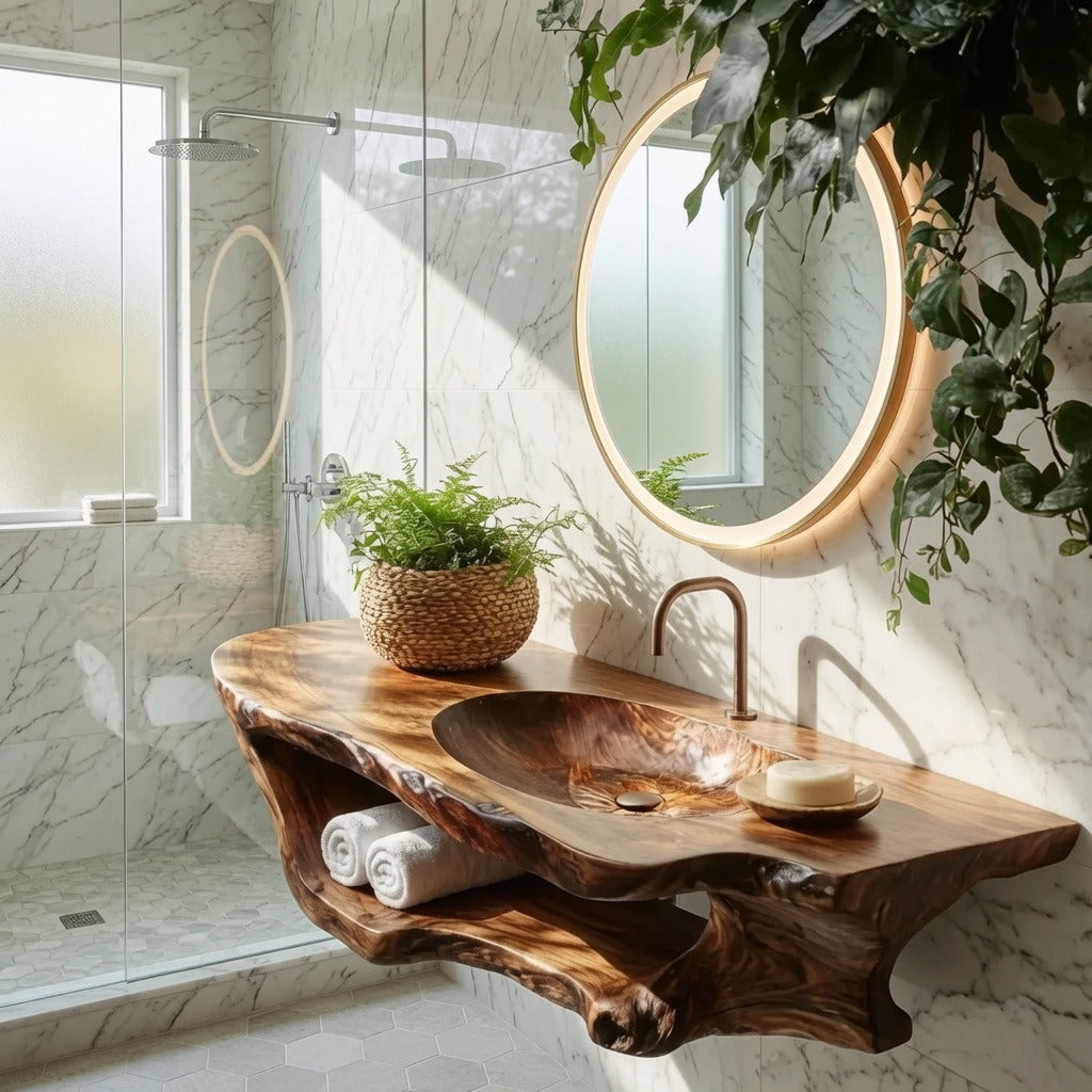 Organic live edge bathroom vanity in solid wood