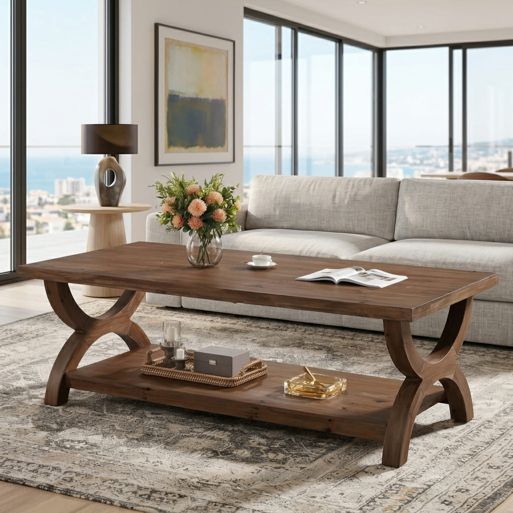 Sculptural live edge coffee table crafted from solid wood with artistic X-shaped base