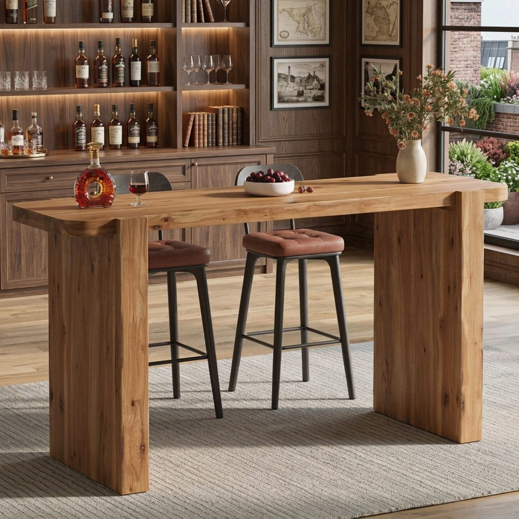 Japandi bar table crafted from premium solid wood with minimalist bar stools and warm ambient lighting
