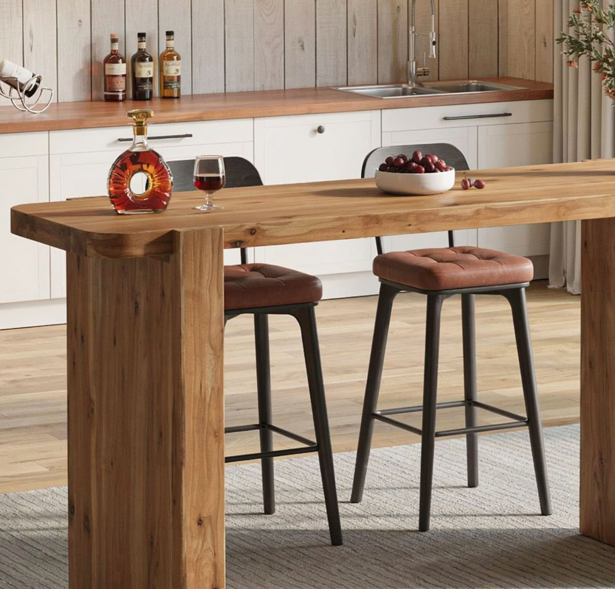Japandi bar table crafted from premium solid wood with minimalist bar stools and warm ambient lighting