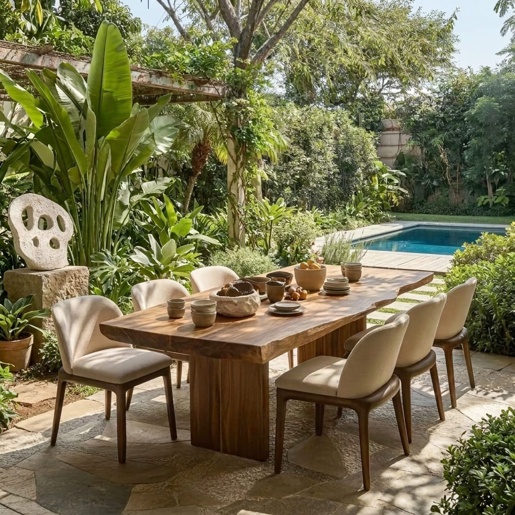 Organic live edge outdoor dining table crafted from premium solid wood